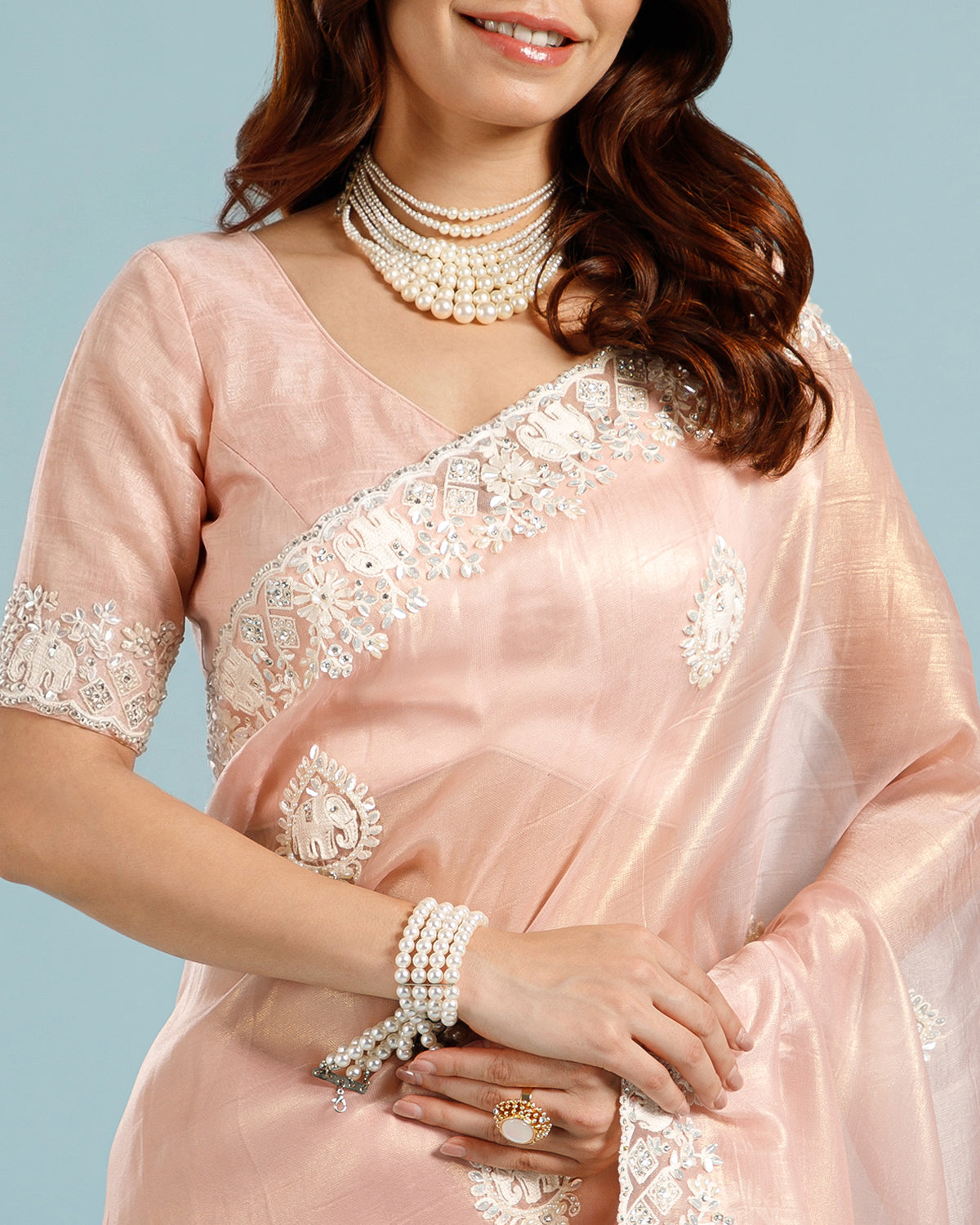 Light Pink Crush Tissue Saree with Resham, Sequence & Bead Work - House of Surya
