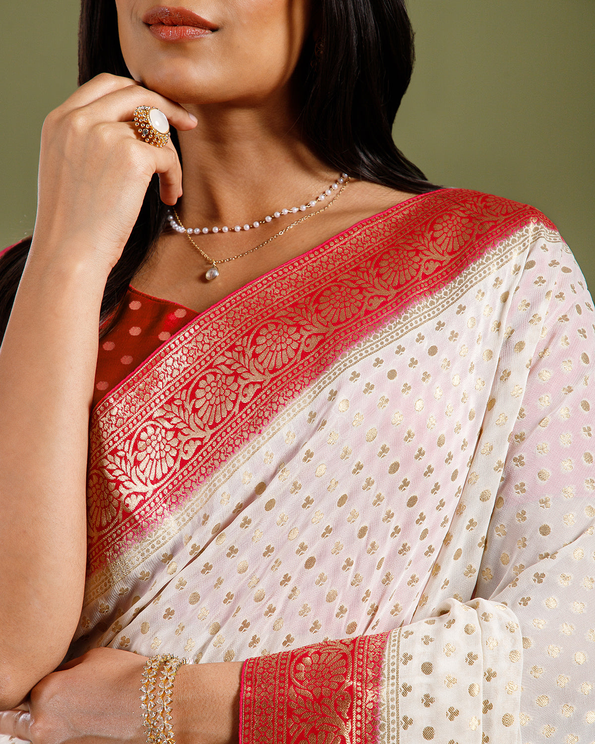 Elegant Ivory Saree in Georgette with Self Weaving Pattern - House of Surya