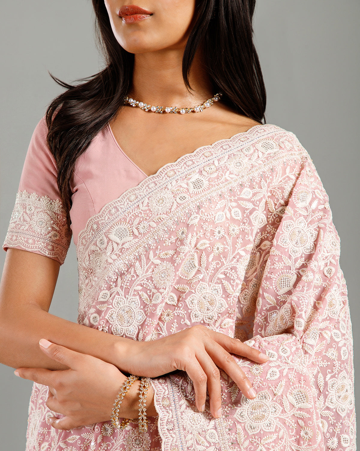 Pink Georgette Lucknowi Saree with Resham & Sequence Work
