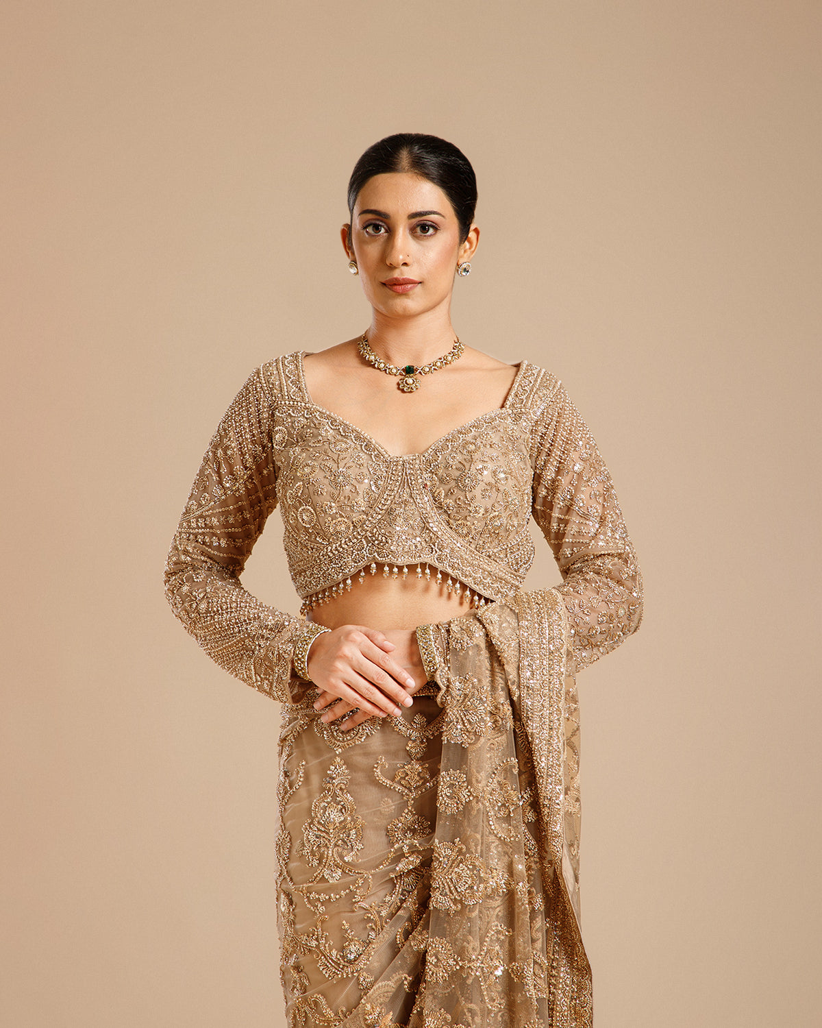 Chiku Net Saree with Nulki & Sequin Work
