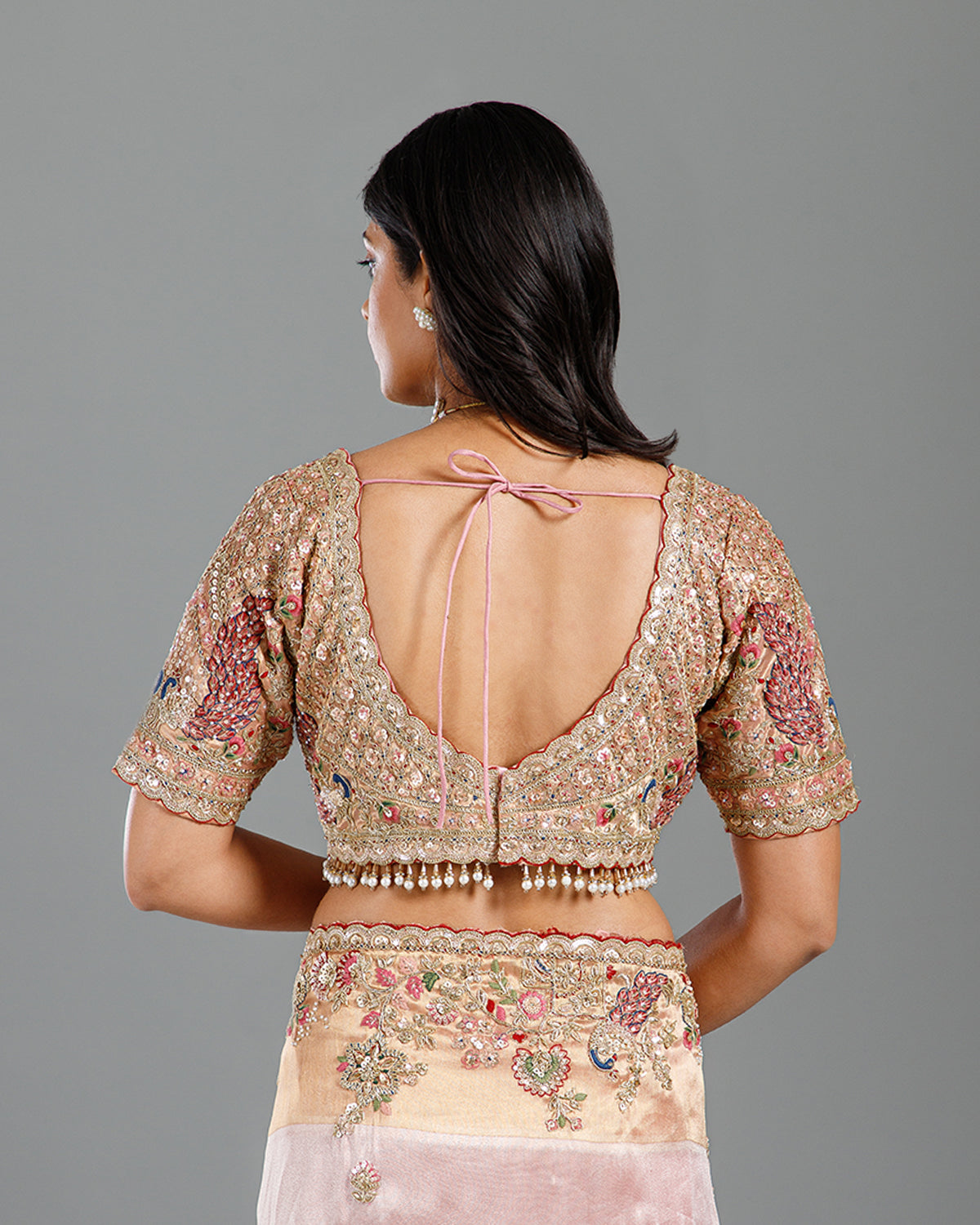 Pink Crepe Tissue Saree with Sequence, Resham, Zardozi & Cutdana Work - House of Surya