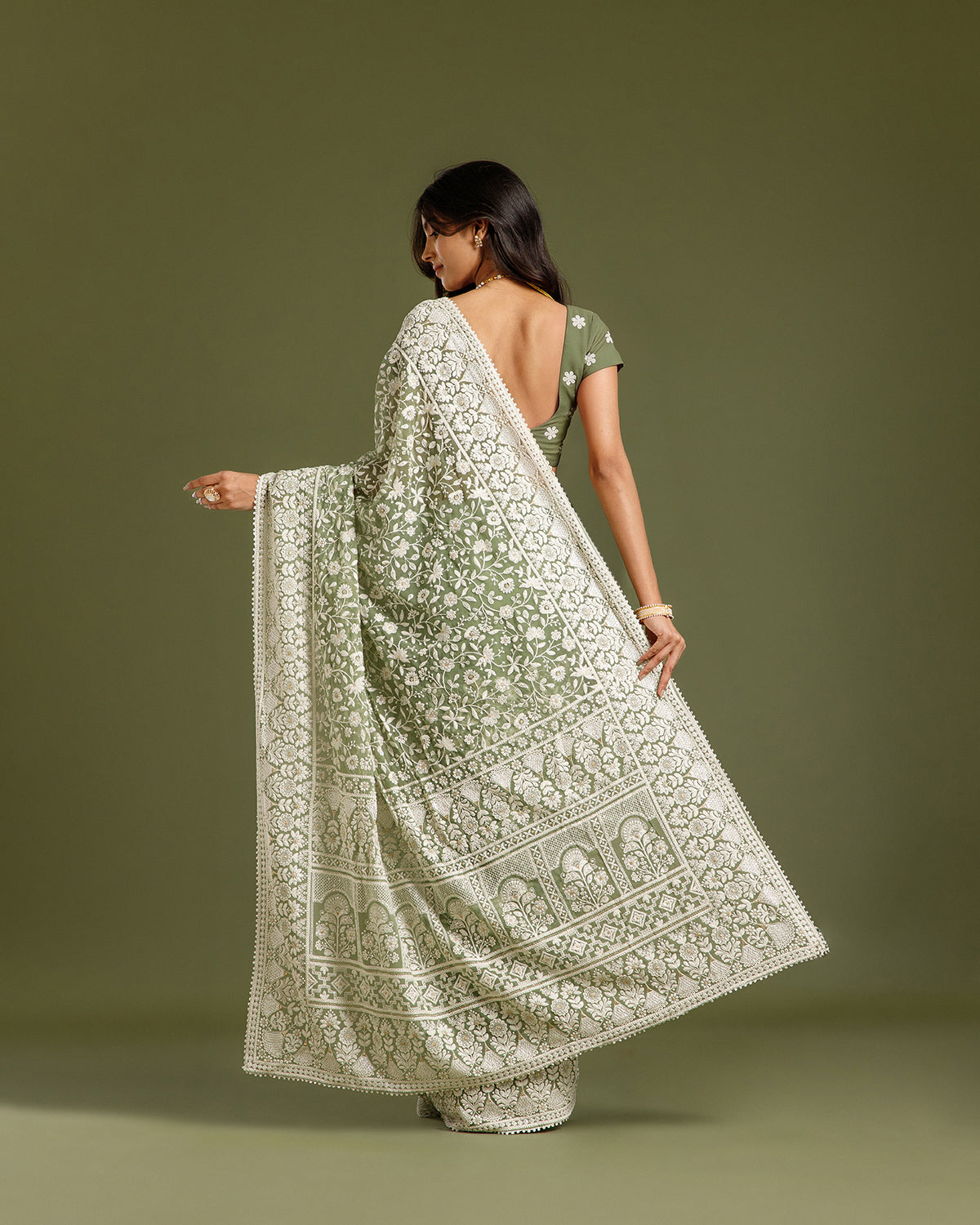 Pista Green Georgette Saree with Resham, Zari & Sequin Work