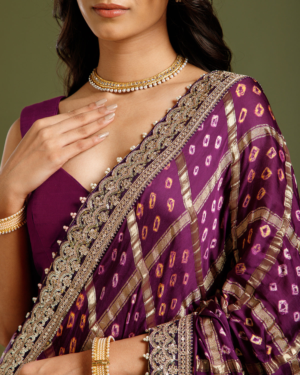 Purple Satin Crepe Saree with Zari & Sequin Work