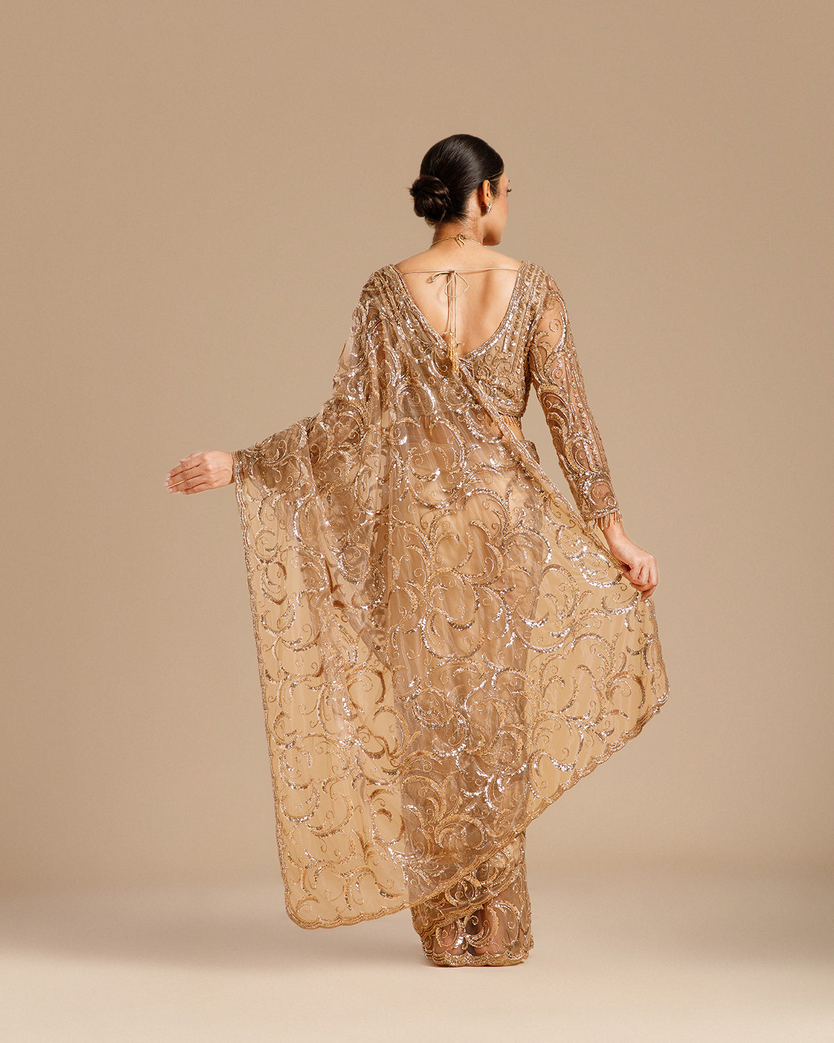 Beige Net Saree with Sequin & Cutdana Work