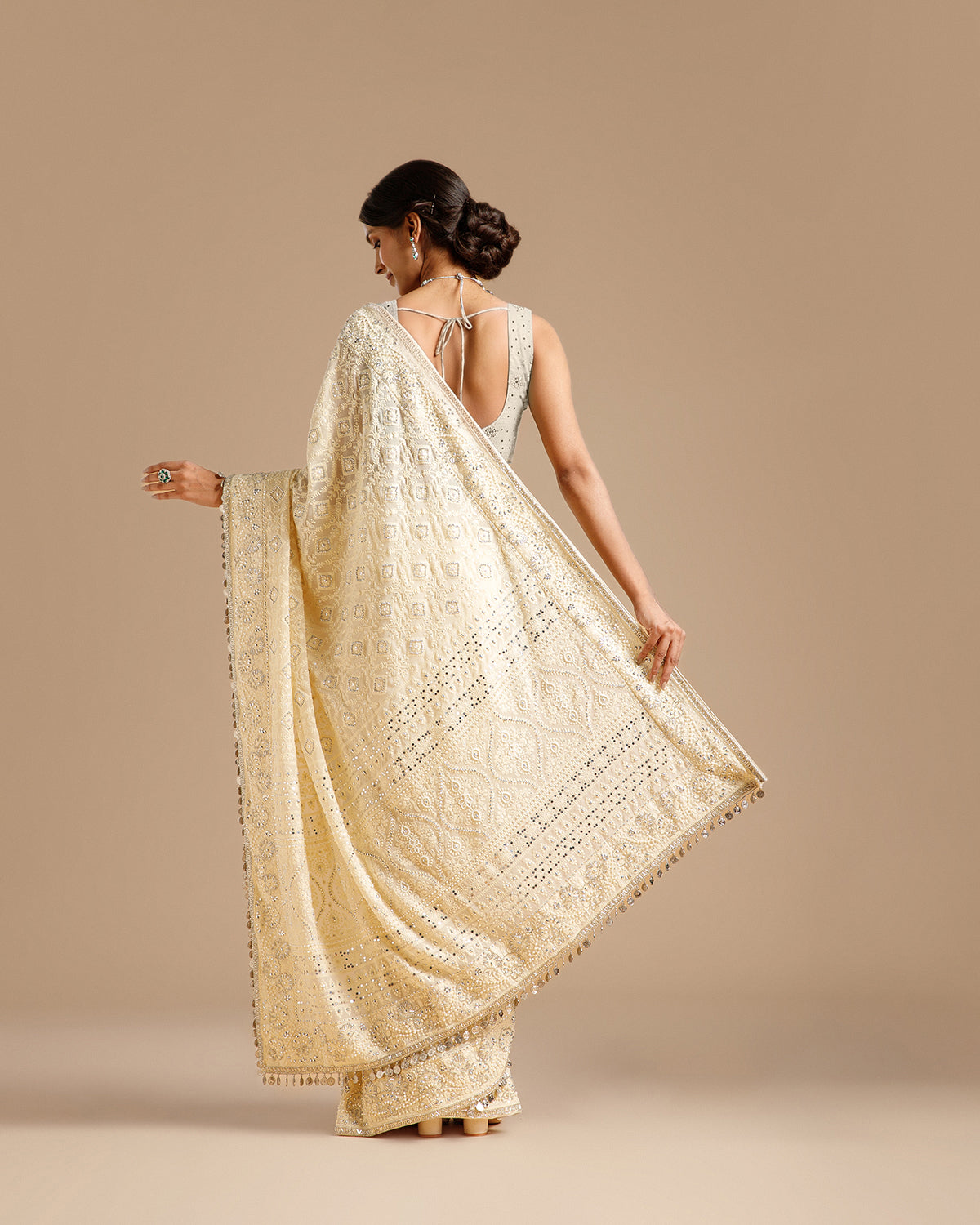 Ivory Georgette Saree with Nulki, Moti, Sequin, Coin & Resham Work - House of Surya
