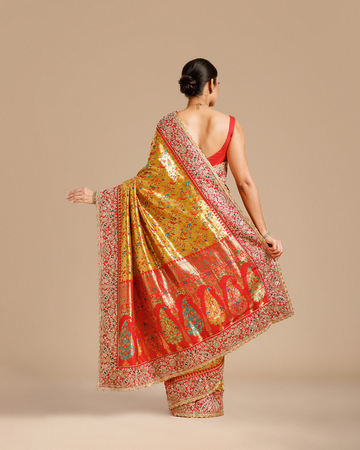 Mustard Gold Silk Saree with Resham, Pearl & Nulki Work