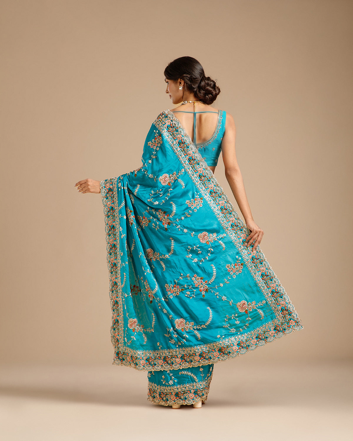 Firozi Satin Organza Saree with Beads, Nulki, Sequin, Moti, Resham & Zari Work