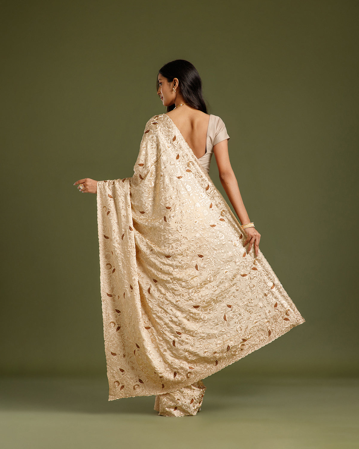 Cream Crape Silk Saree with Parsi Resham Work