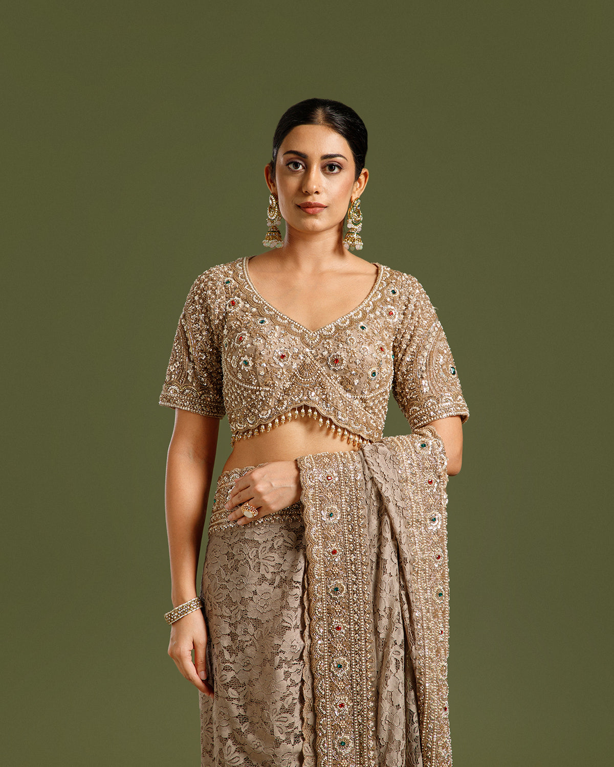 Elegant Ash Sandley Saree with Kundan & Sequin Work