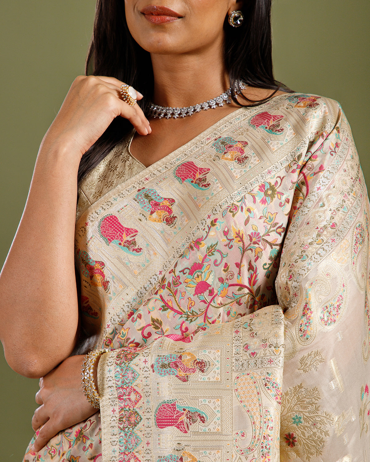 Cream Crepe Silk Saree with Multicolor Woven Design