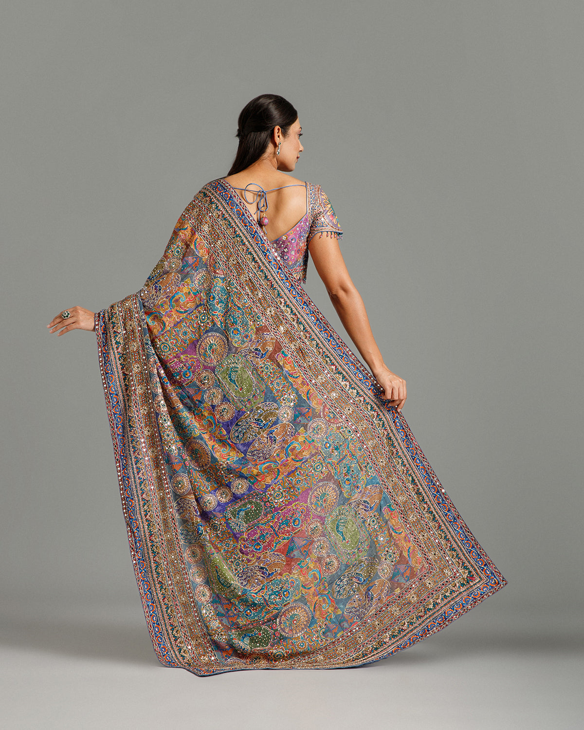 Multi Blue Chinon Crepe Saree