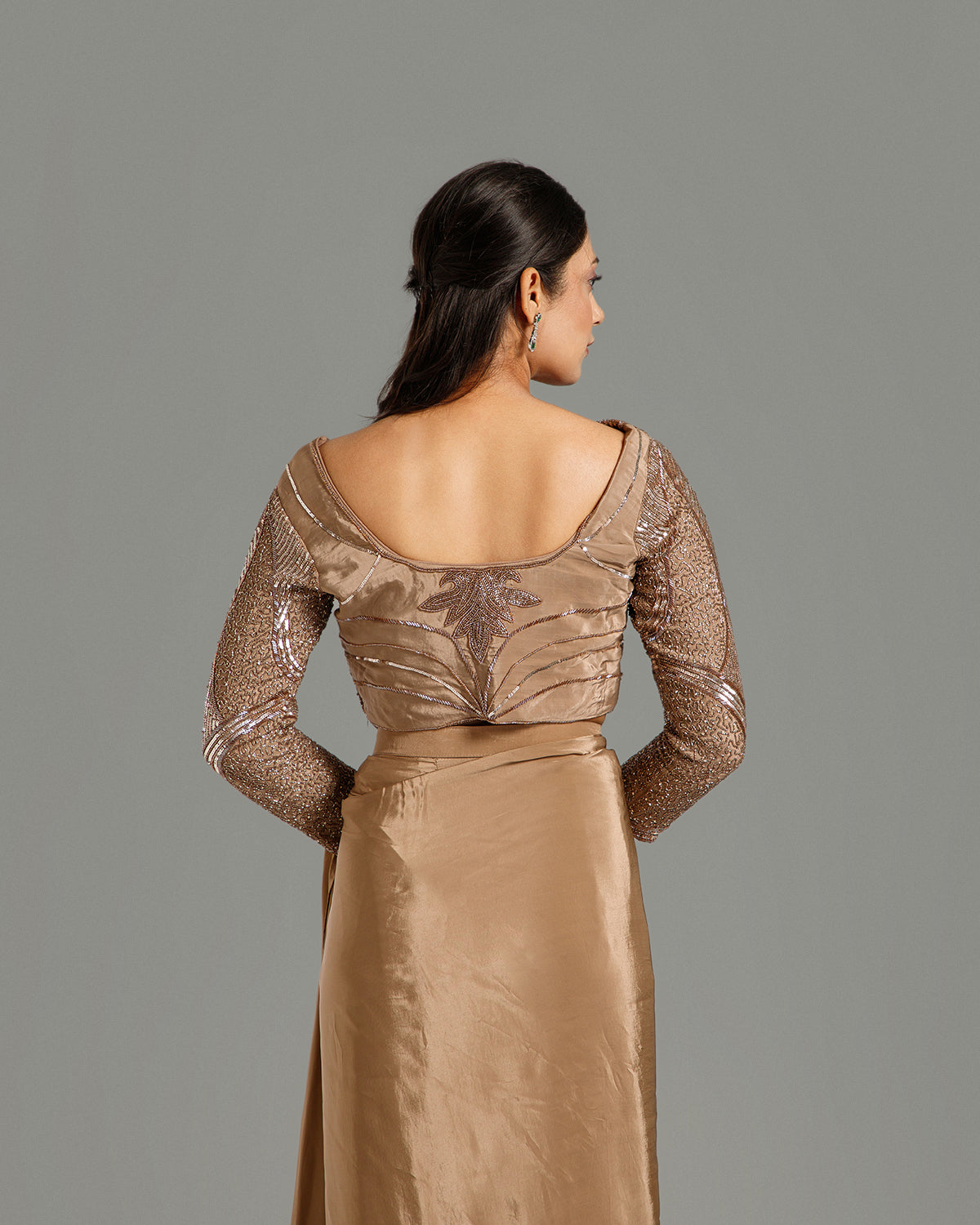 Dusty Gold Satin Lycra Saree with Sequin & Cutdana Work
