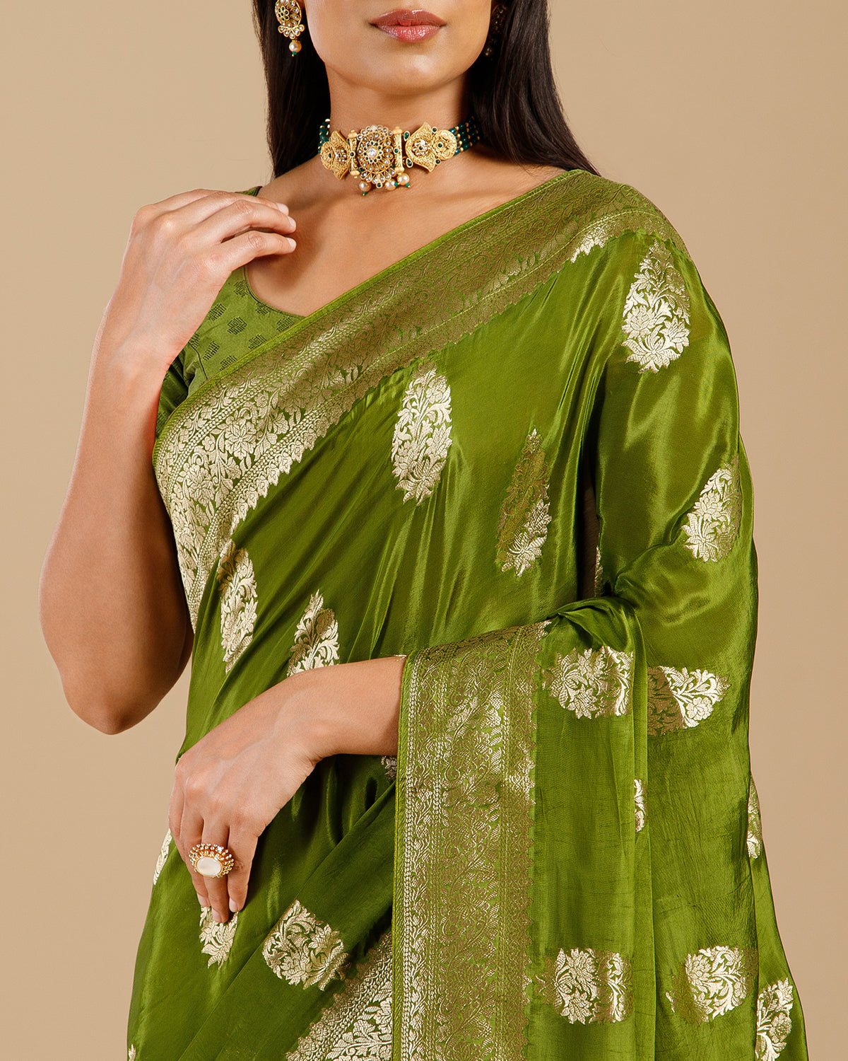 Green Dola Silk Saree with Elegant Resham Bootie Work - House of Surya