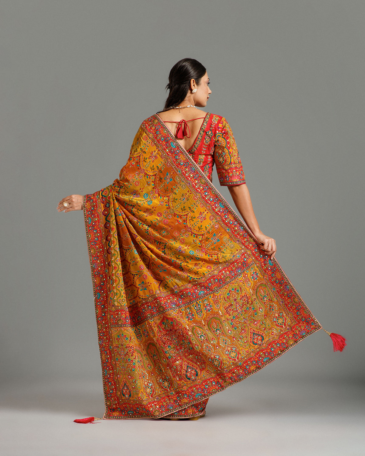 Multi Yellow Crape Silk Saree with Zari & Sequin Work