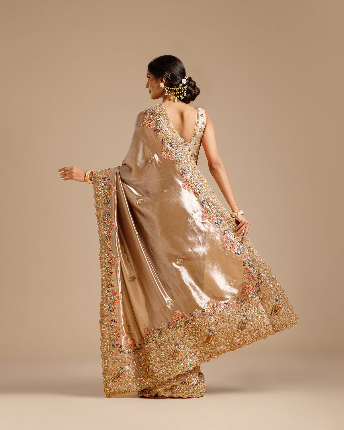 Mouse Color Tissue Silk Saree with Dori, Sequin, Nulki, Resham & Kundan Work