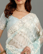 Pista Net Saree with Resham, Sequence & Bead Work - House of Surya