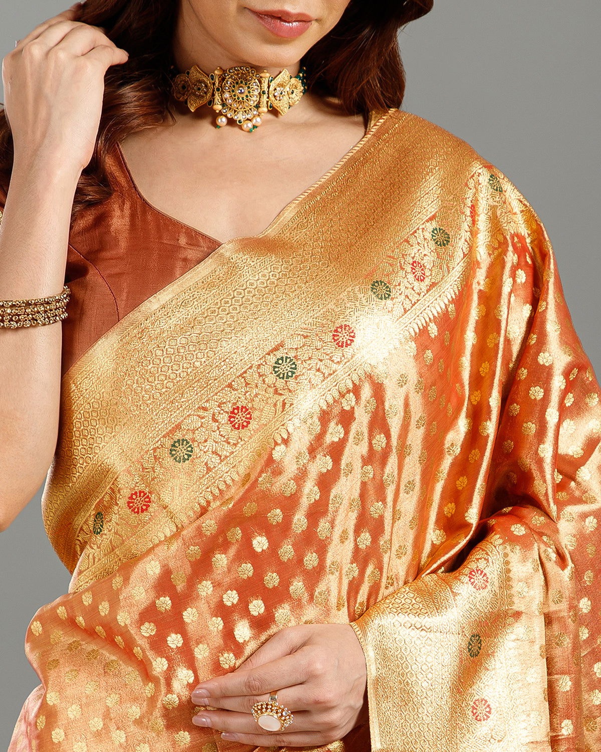 Graceful Rust Tissue Silk Saree with Self Weaving Design