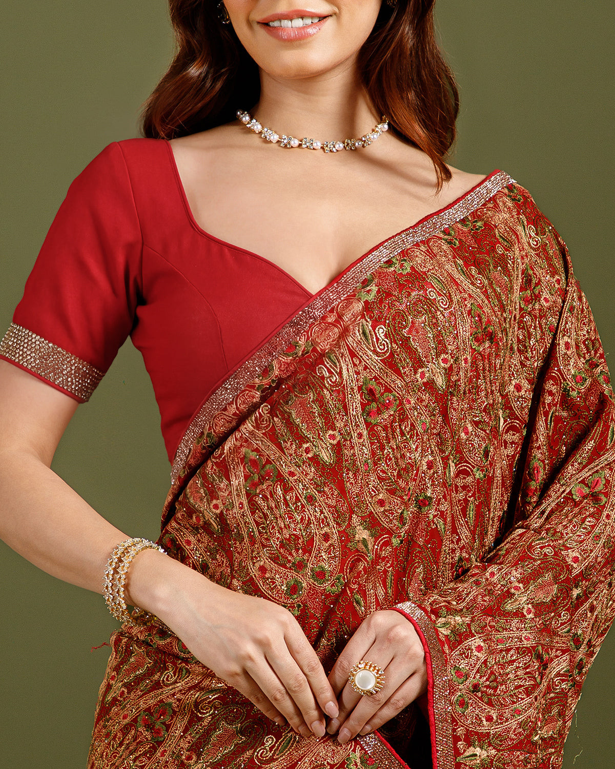 Wine Georgette Saree with Designer Resham & Cutdana Work - House of Surya