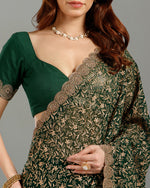 Bottle Green Georgette Saree ,Kashmiri Work Georgette Sarees  - House of Surya