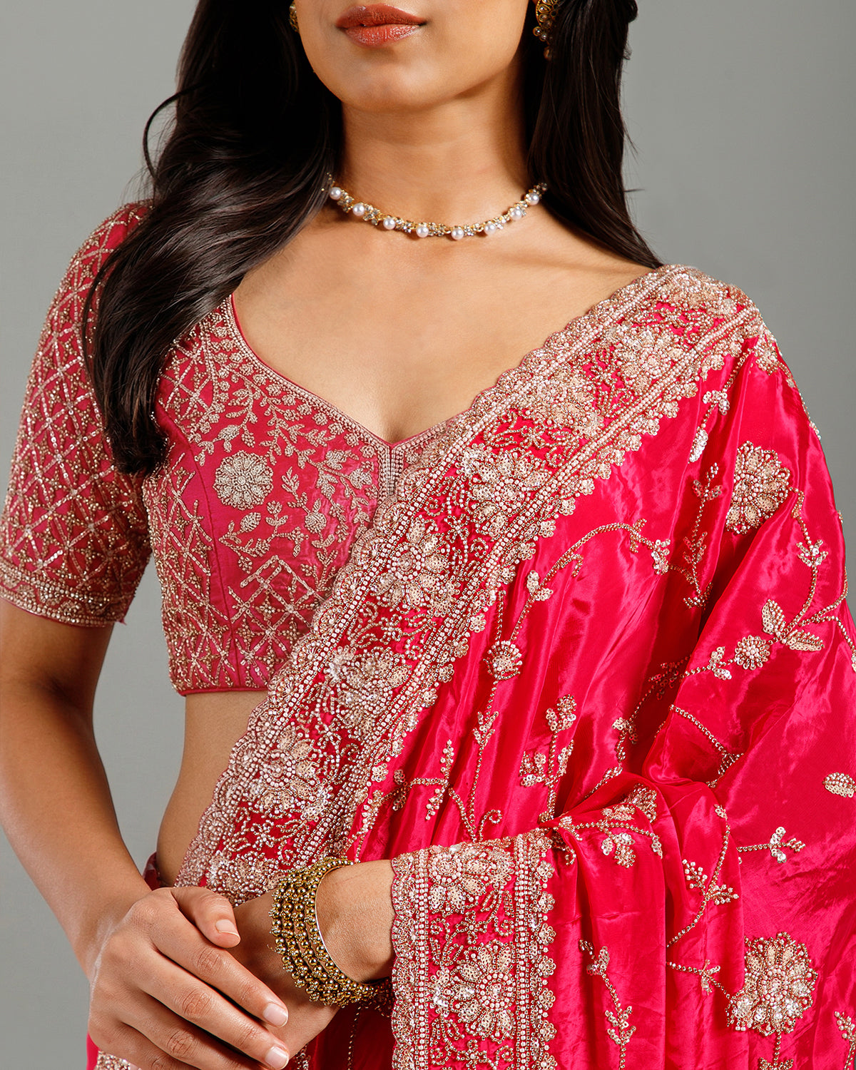 Rani Satin Crepe Saree with Beads, Sequence & Cutdana Work - House of Surya