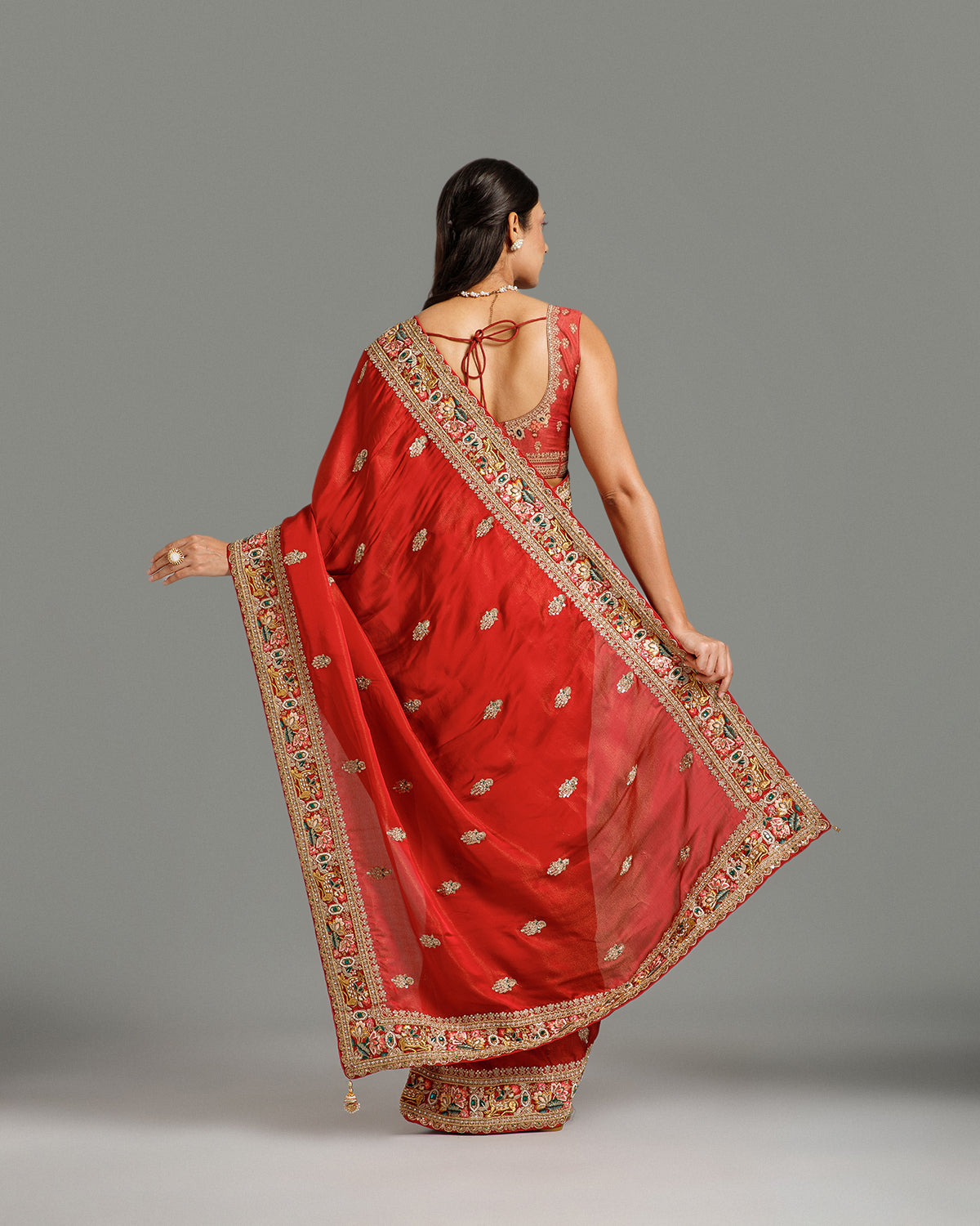 Maroon Satin Organza Saree with Resham, Beads, Sequin & Pearl Work