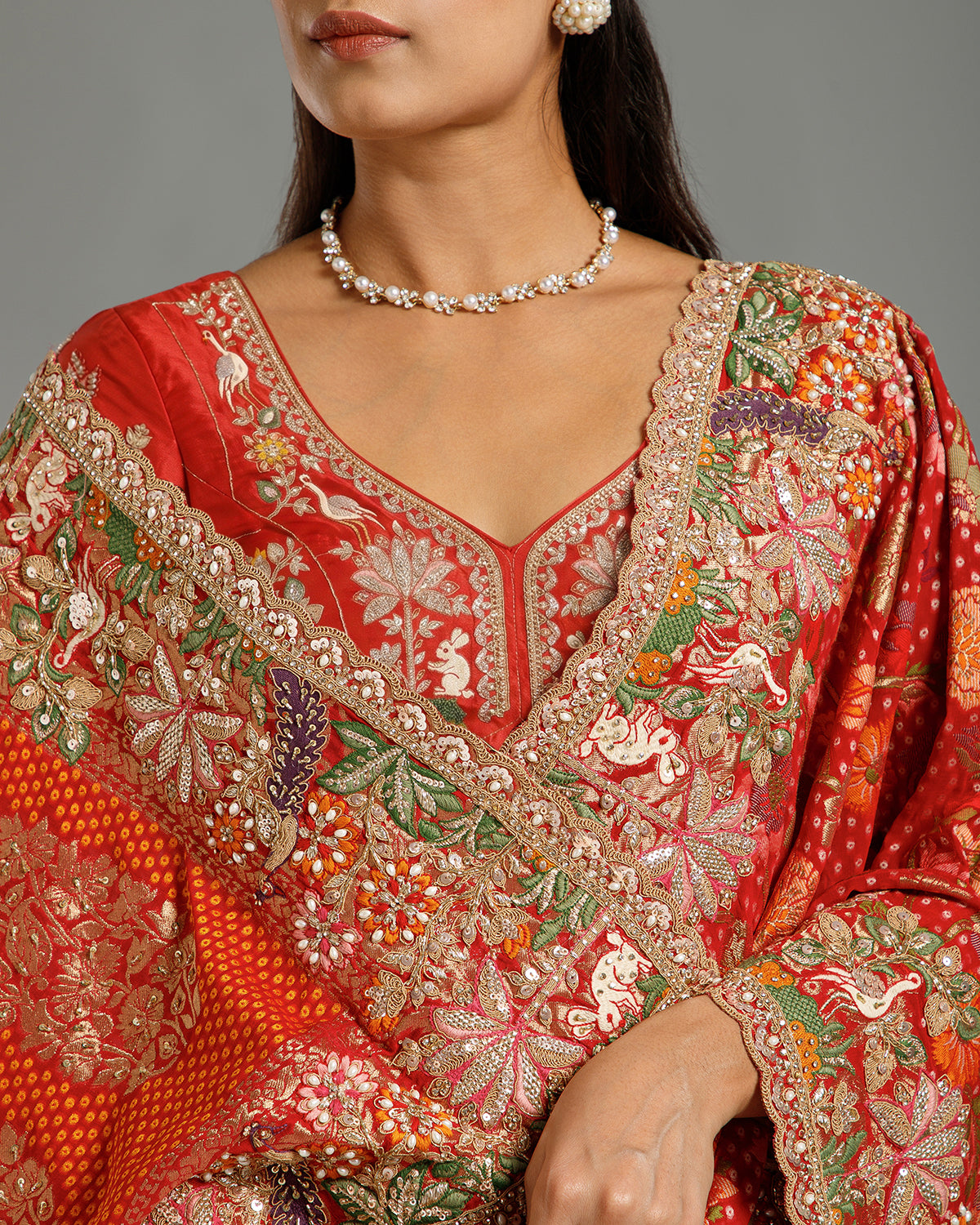 Rani Georgette Saree with Resham, Zari, Sequin, Moti & Cutdana Work