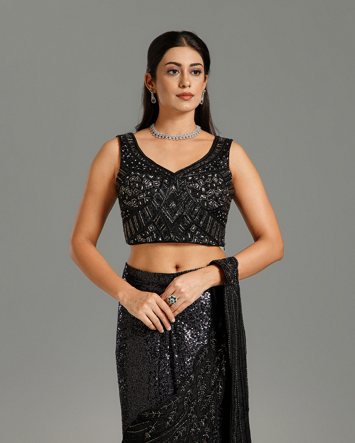 Black Sandley Saree with Beads, Nulki & Sequin Work