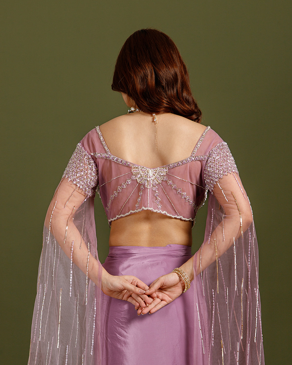 Mauve Crepe Drape Saree with Hand Work