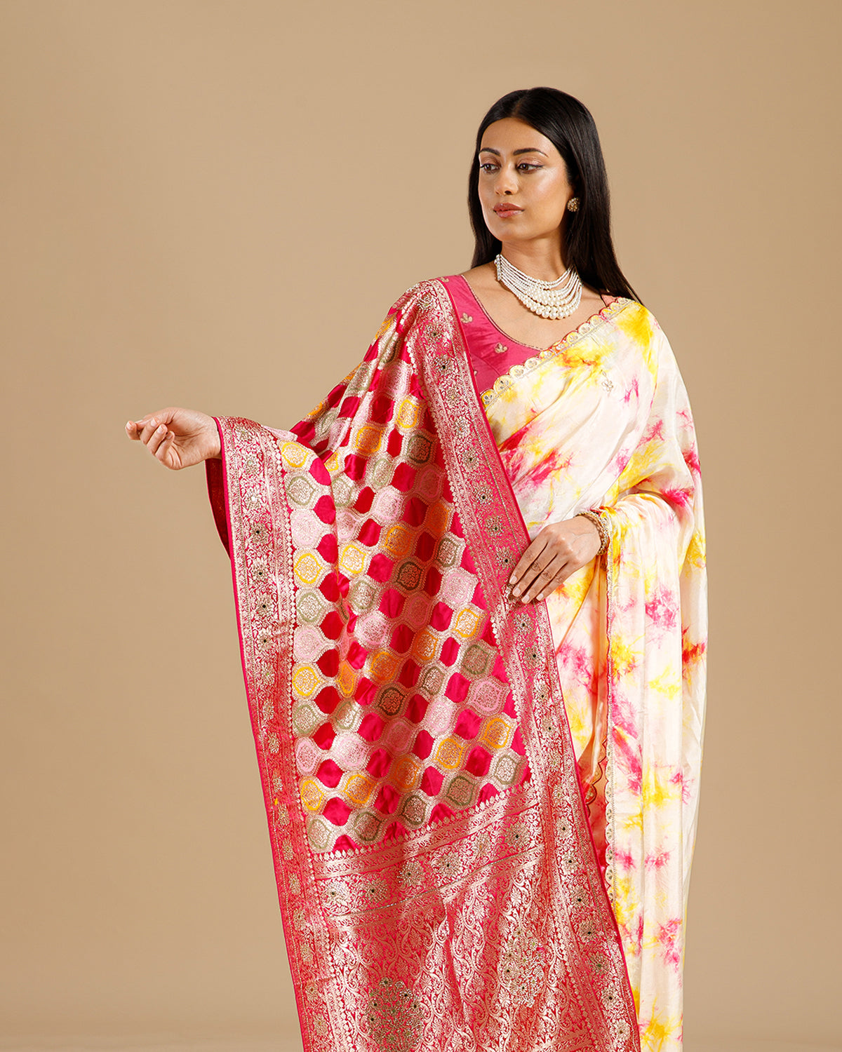 Pink Tie & Dye Silk Saree with Patra, Sequence & Bead Work
