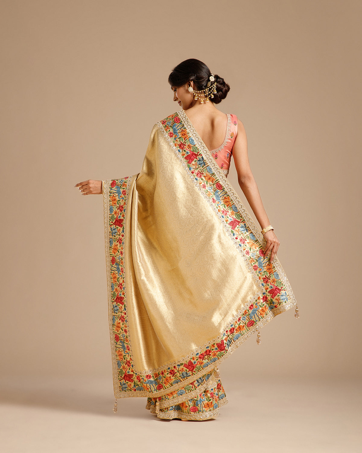 Beige Gold Tissue Silk Saree with Resham, Dori, Pearl & Sequin Work