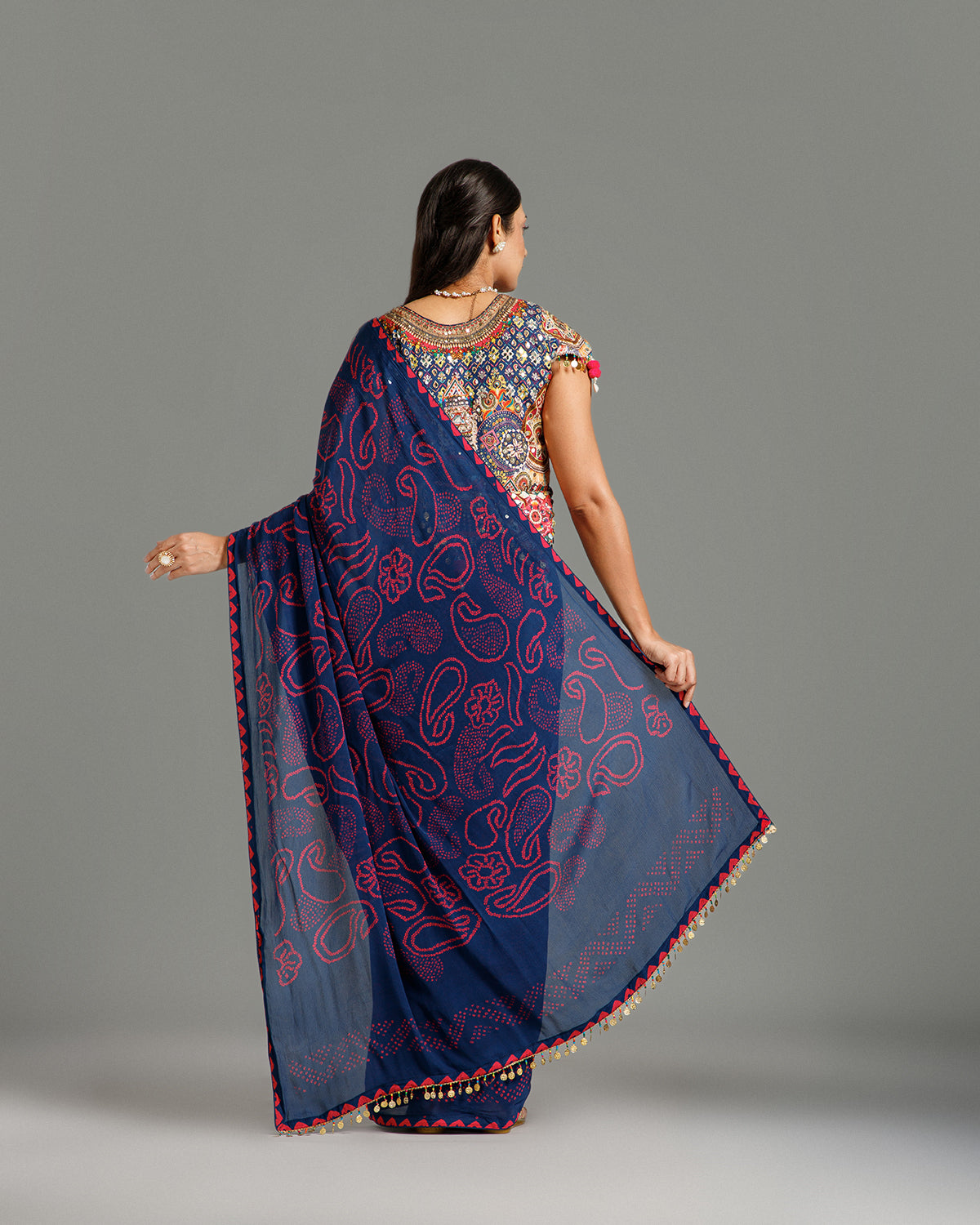 Blue Bandhej Print Chinon Crepe Saree