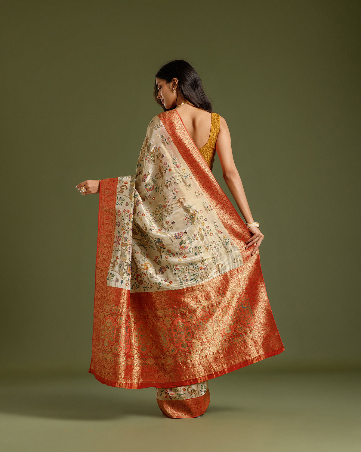 Beige Gold Tissue Silk Saree with Zari, Sequin & Zari Weaving