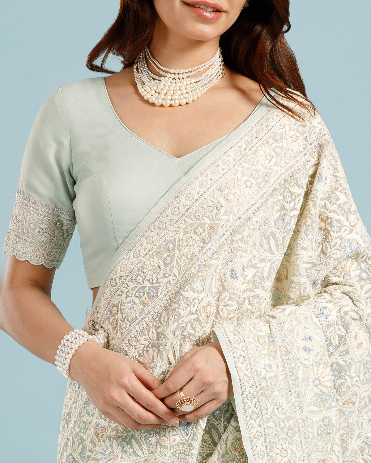 Elegant Pista Green Georgette Saree with Resham & Sequin Detailing - House of Surya