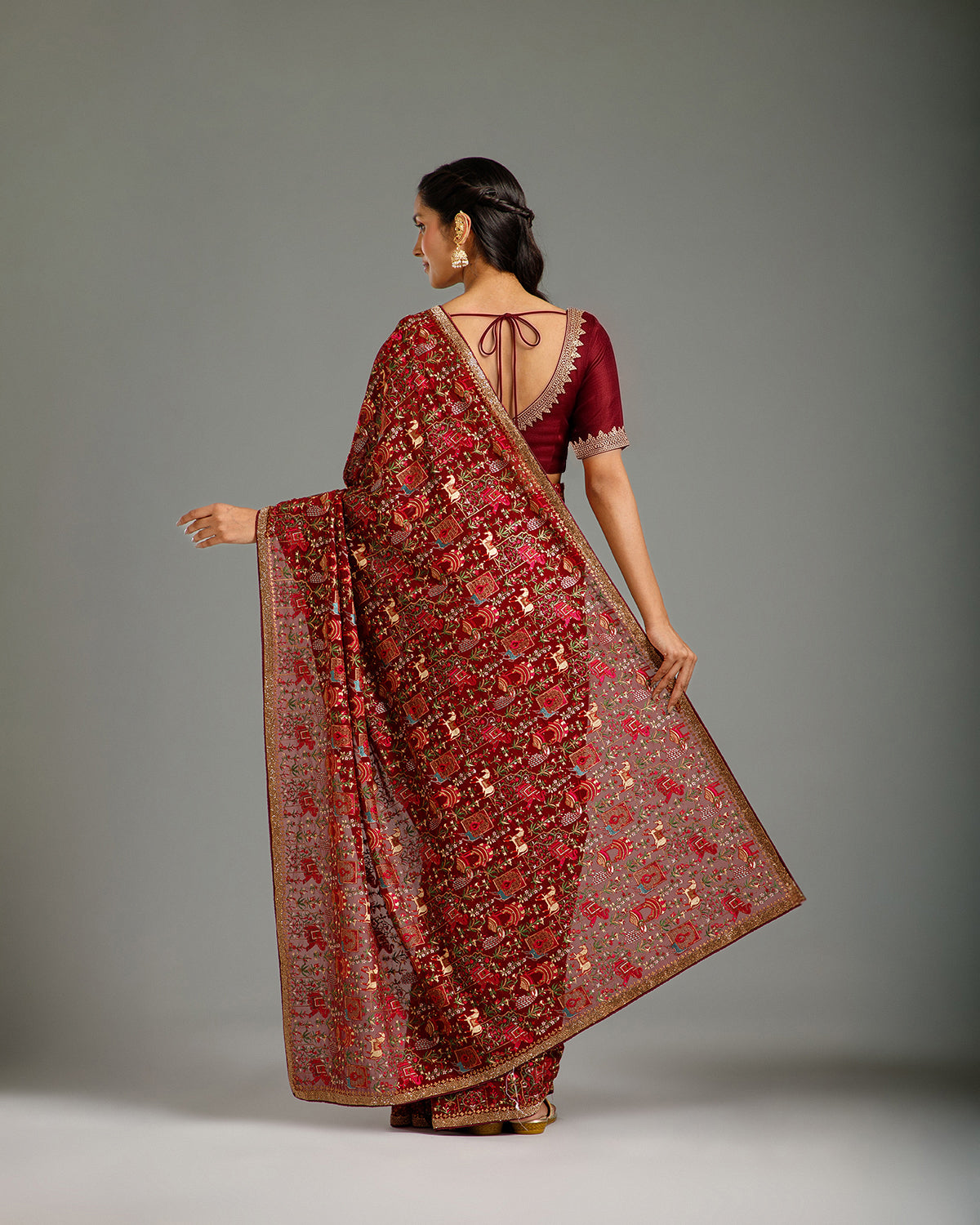 Wine Georgette Saree with Resham & Stone Work