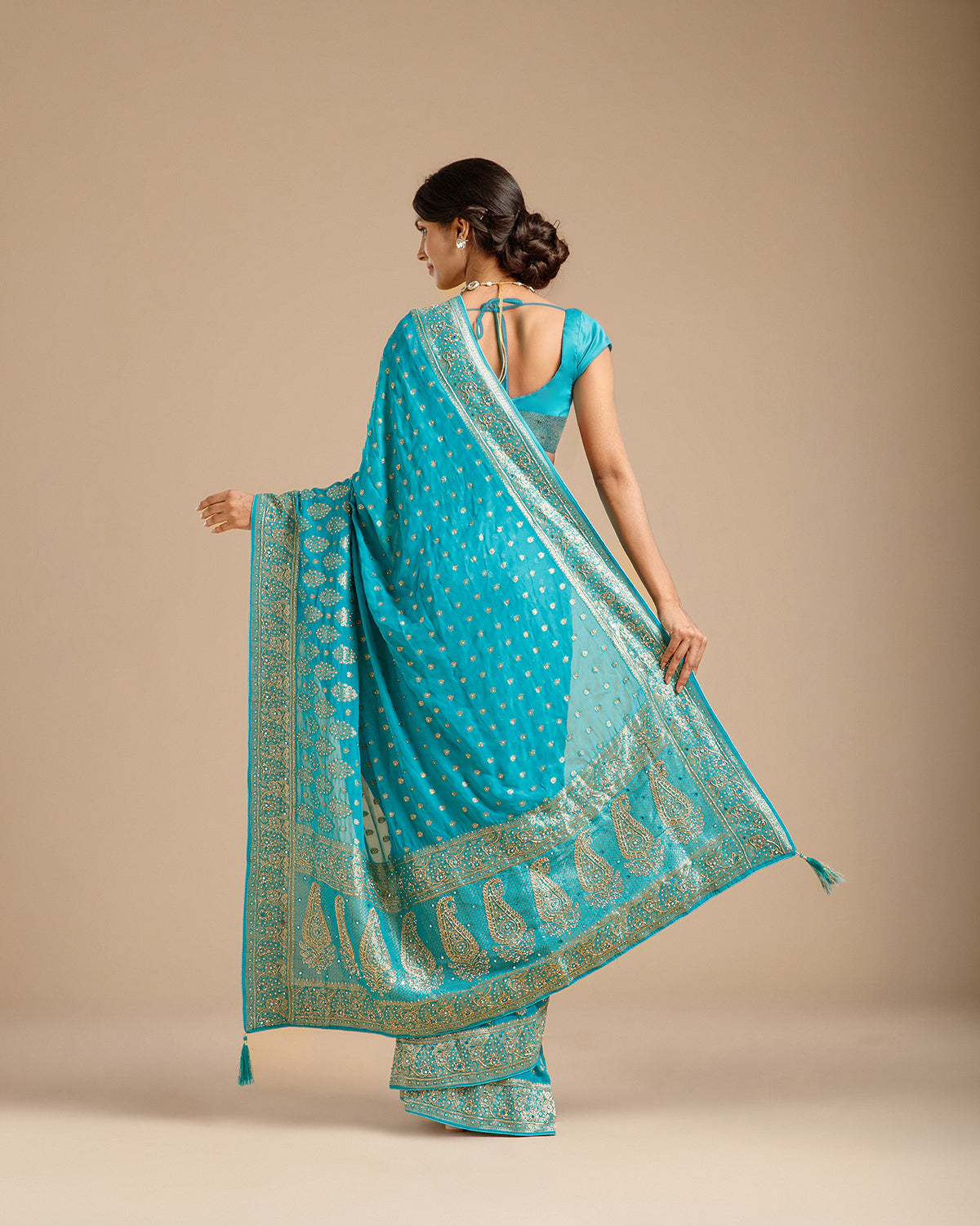 Firozi Georgette Saree with Dabka, Nulki & Mirror Work