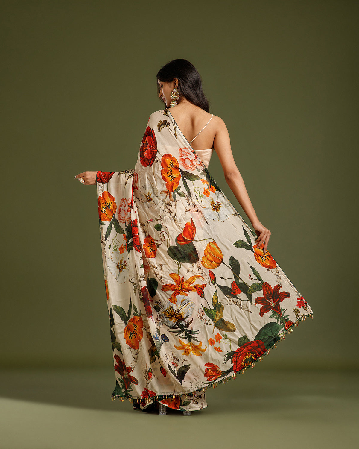 Ivory Multi Chinon Crepe Saree with Beads & Moti Work