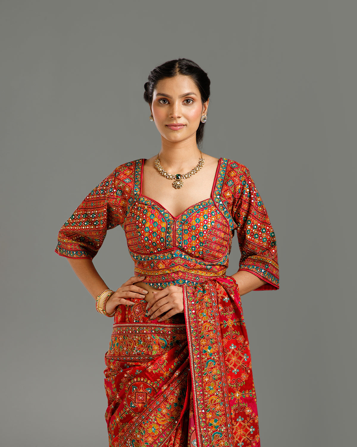 Multi Red Chinon Saree with Resham & Foil Work