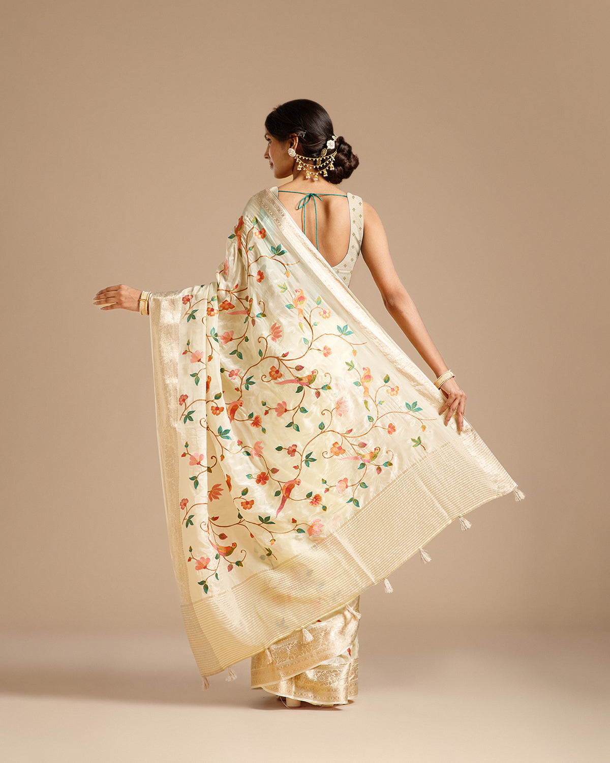Ivory Crape Silk Saree with Resham Work