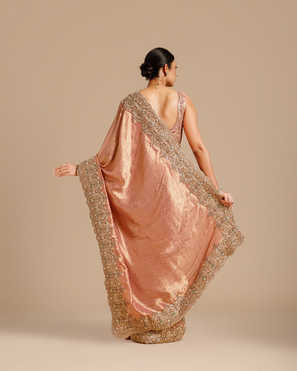 Onion Tissue Silk Saree with Nulki, Sequin, Pearl & Resham Work