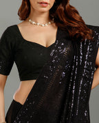 Designer Party Wear Black Georgette Saree with Sequence Work for Women - House of Surya