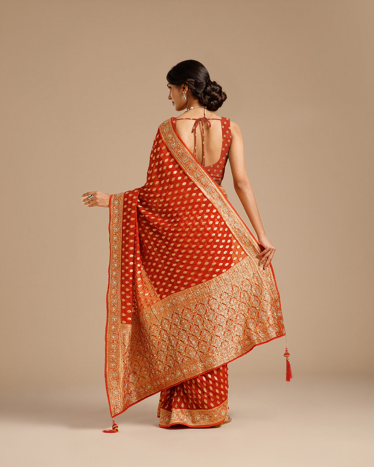 Rust Georgette Saree with Dabka, Nulki, Mirror & Kundan Work