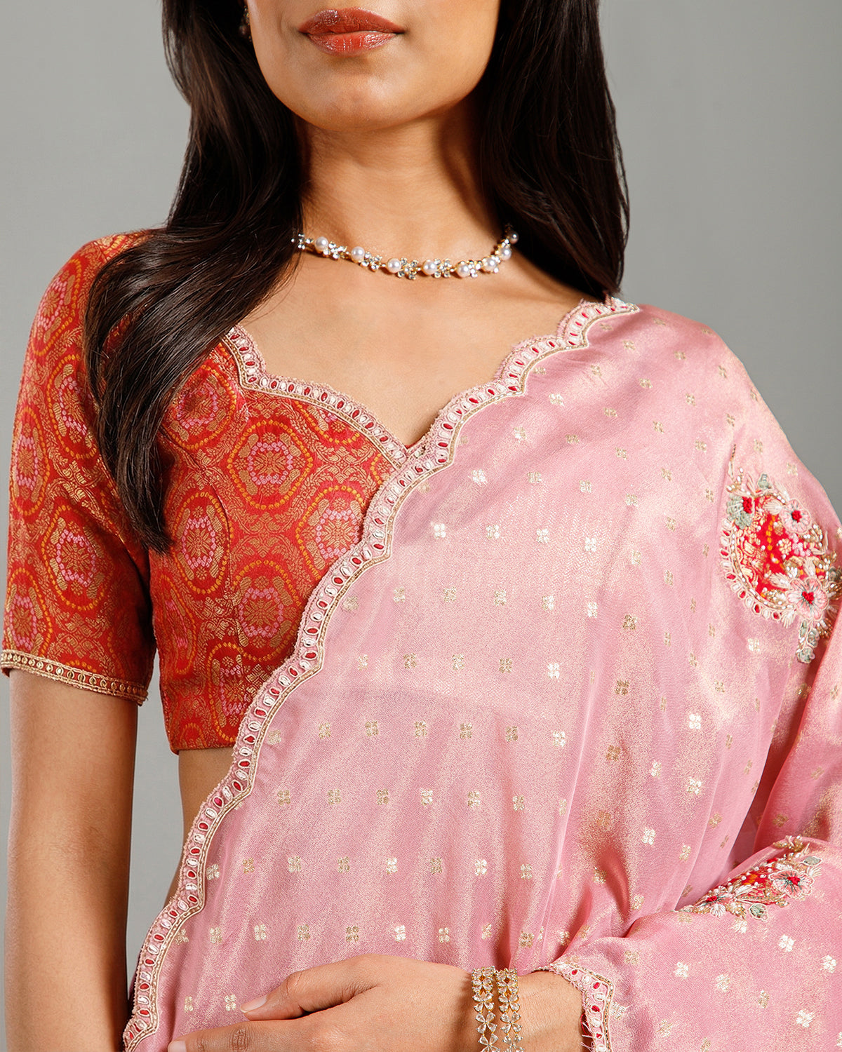 Gajari Khaddi Crepe Saree with Sequence & Cutdana Work - House of Surya