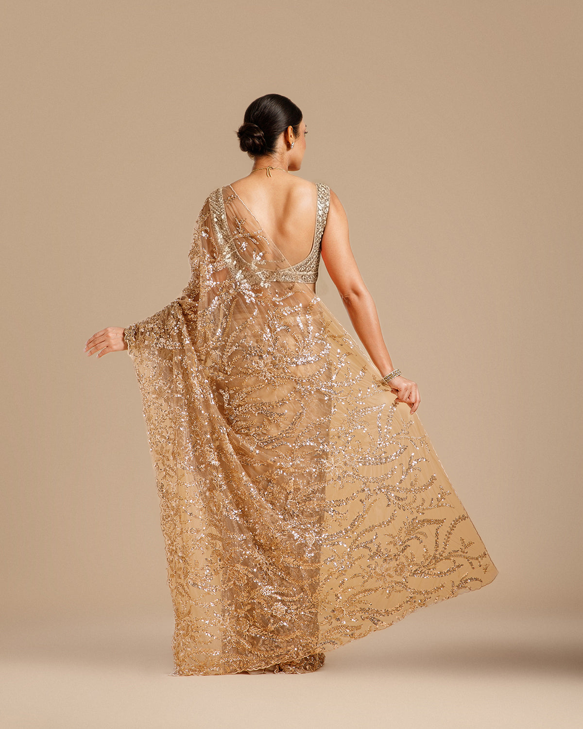 Rose Gold Net Saree with Nulki, Sequin & Moti Work