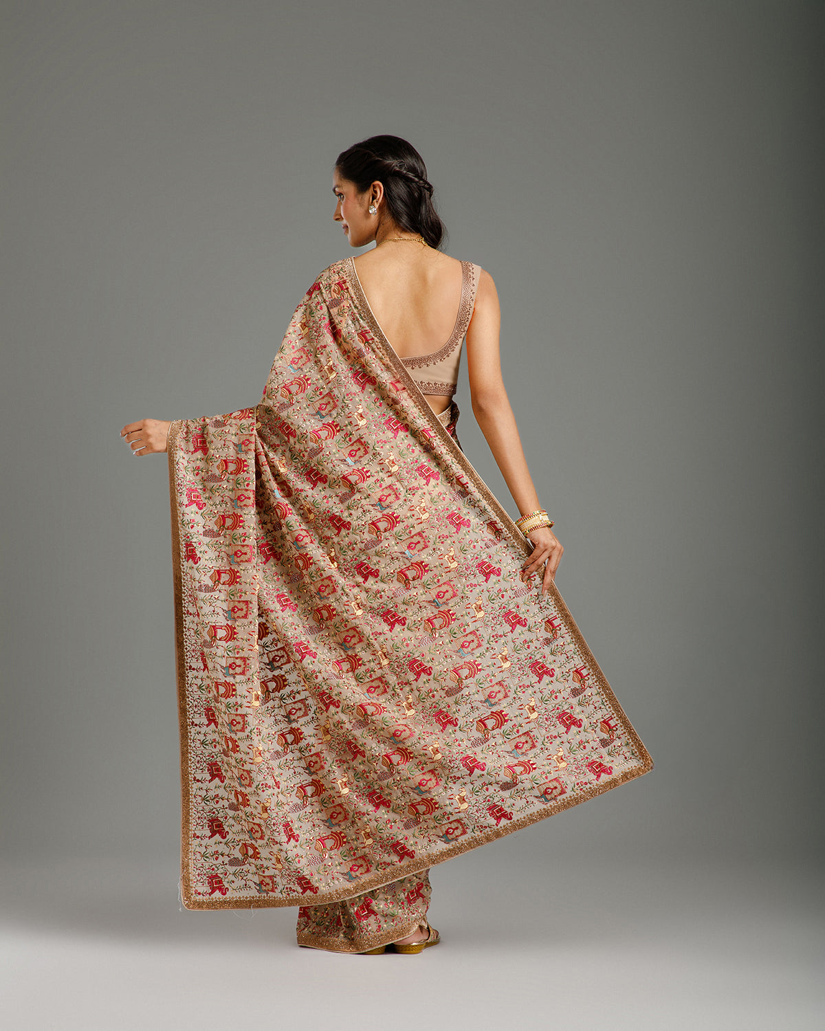 Beige Georgette Saree with Resham & Stone Work