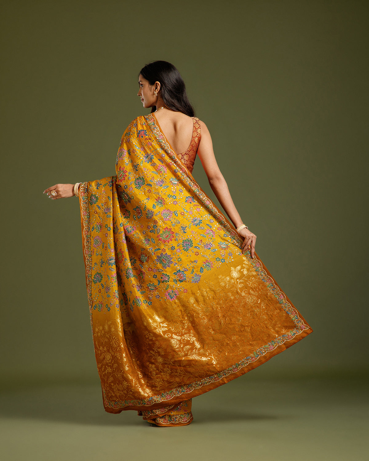 Mustard Maheshwari Silk Saree with Zari & Sequin Work