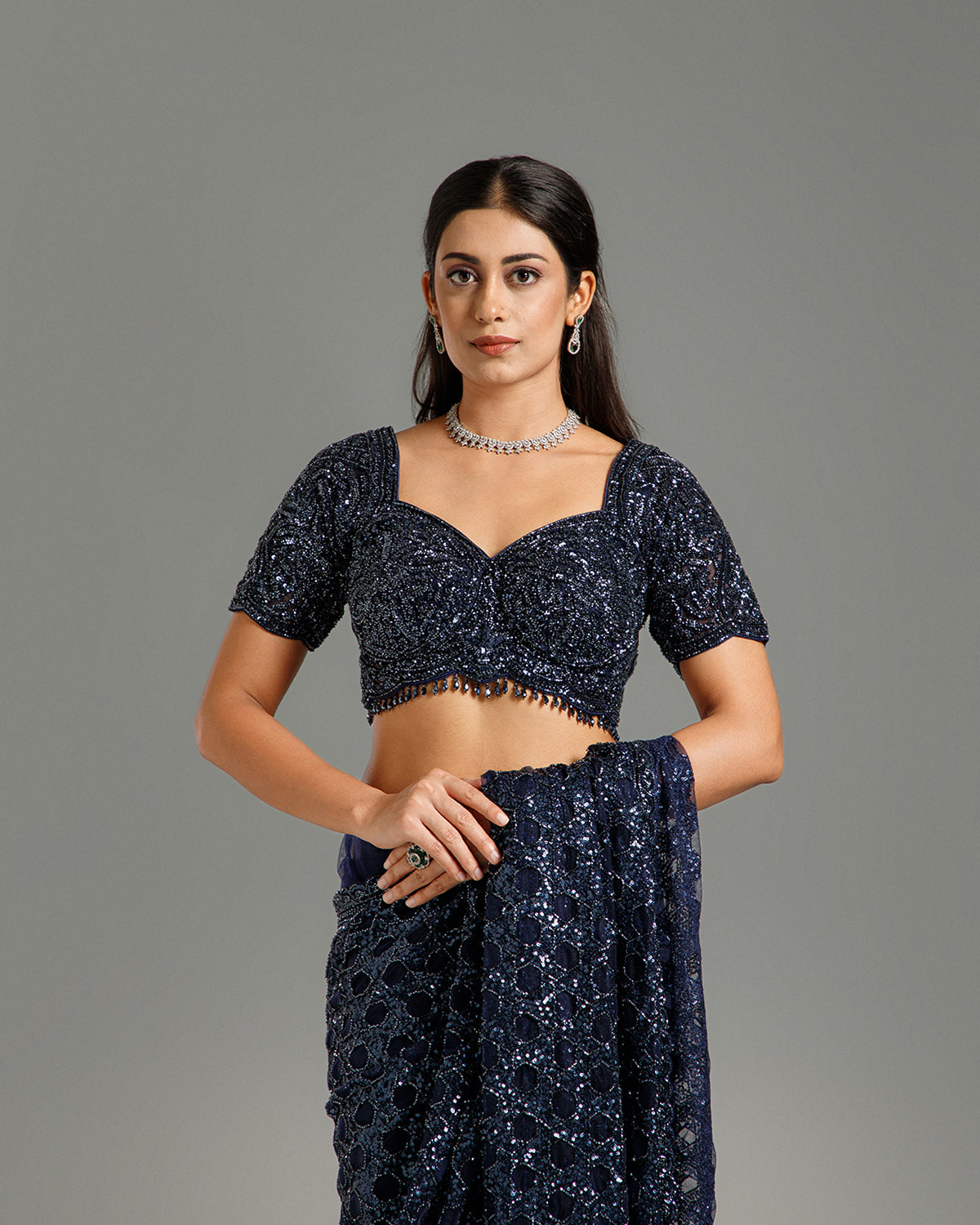Navy Blue Net Saree with Beads, Nulki & Sequin Work