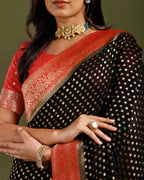 Black Khaddi Georgette Saree with Elegant Resham Weave - House of Surya