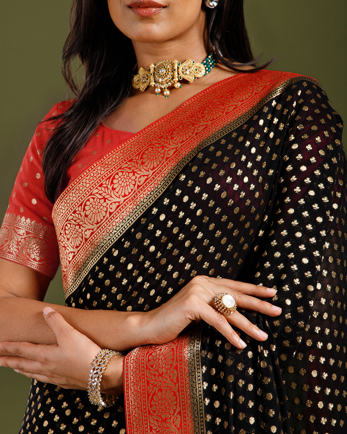 Black Khaddi Georgette Saree with Elegant Resham Weave - House of Surya