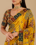 Yellow Crepe Saree with Intricate Kantha Work - House of Surya