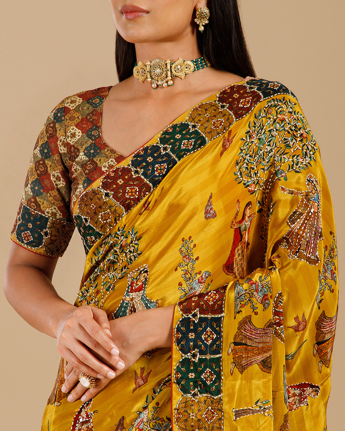 Yellow Crepe Saree with Intricate Kantha Work - House of Surya